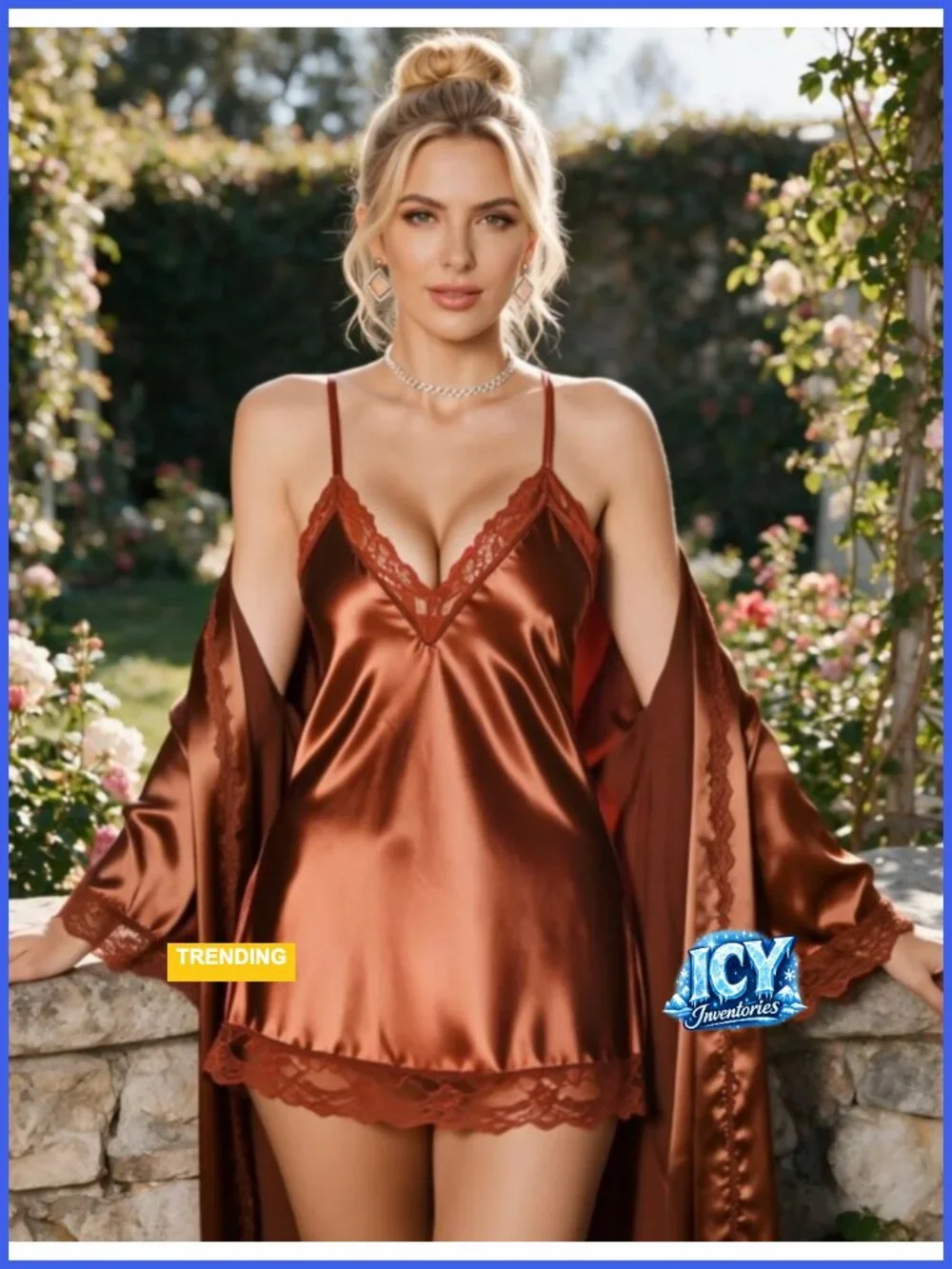 Satin Lace Halter Chemise Babydoll Deep V Neck Sleepwear Bridal